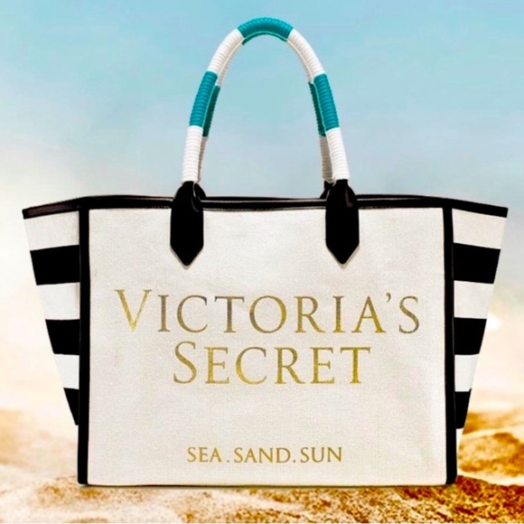VICTORIA SECERT STRIPED “SEA, SAND, SUN” TOTE BAG - WHITE/BLACK (BRAND NEW) - Picture 1 of 4